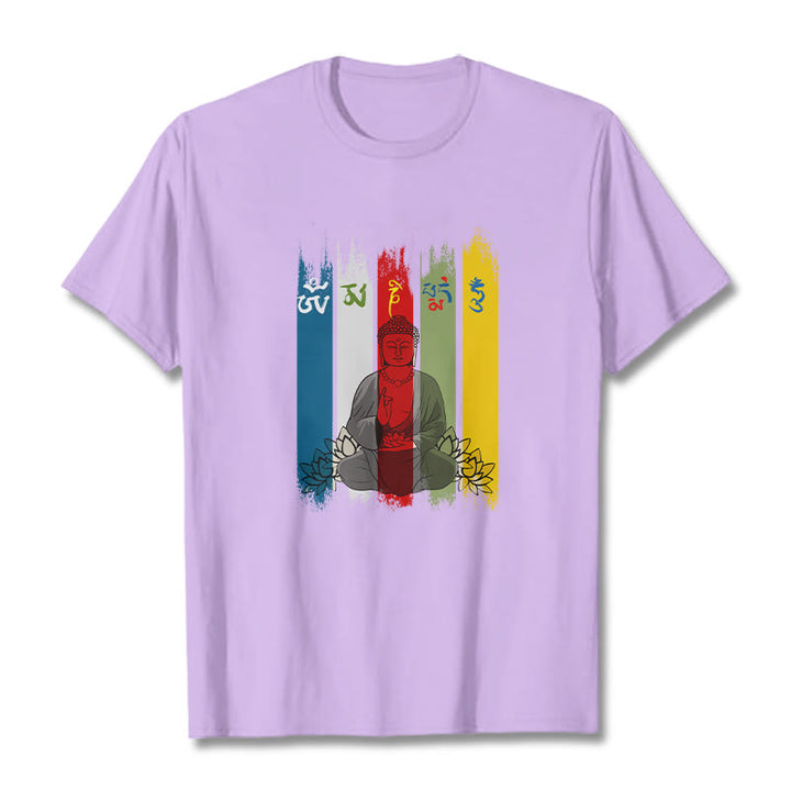 Buddha Stones Sześć Prawdziwych Słów ' Om Mani Padme Hum' Budda Siedzący Z Lotosem Bawełniana Koszulka T-shirt - Śliwka - 2XL - image 17