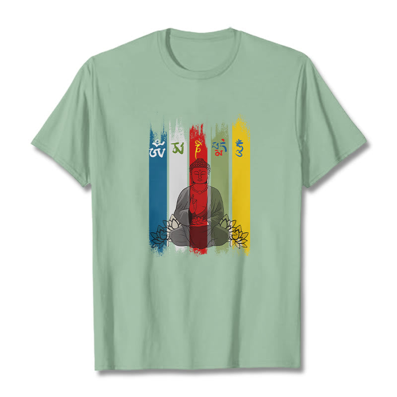 Buddha Stones Sześć Prawdziwych Słów ' Om Mani Padme Hum' Budda Siedzący Z Lotosem Bawełniana Koszulka T-shirt - PaleGreen - 2XL - image 19
