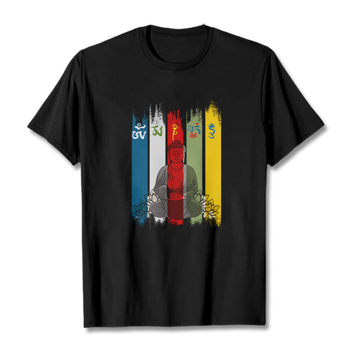 Buddha Stones Sześć Prawdziwych Słów ' Om Mani Padme Hum' Budda Siedzący Z Lotosem Bawełniana Koszulka T-shirt - Czarny - 2XL - image 3