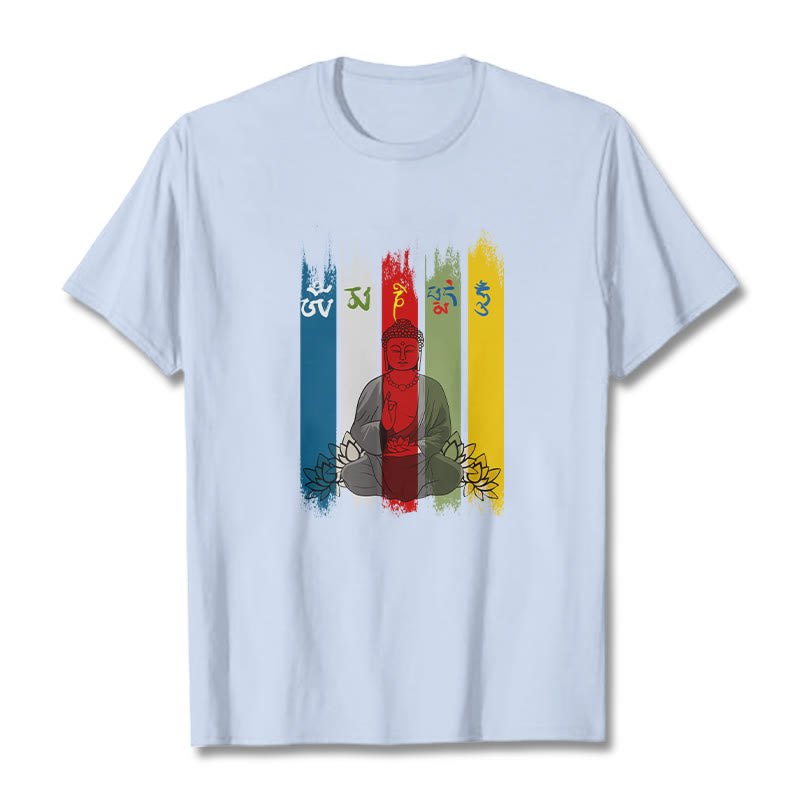 Buddha Stones Sześć Prawdziwych Słów ' Om Mani Padme Hum' Budda Siedzący Z Lotosem Bawełniana Koszulka T-shirt - Jasnoniebieski - 2XL - image 14