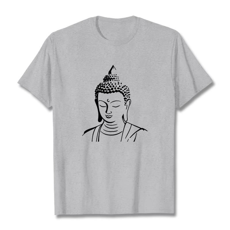 Buddha Stones Wzór Głowy Buddy Bawełniana Koszulka T-shirt - Jasnoszary - 2XL - image 15