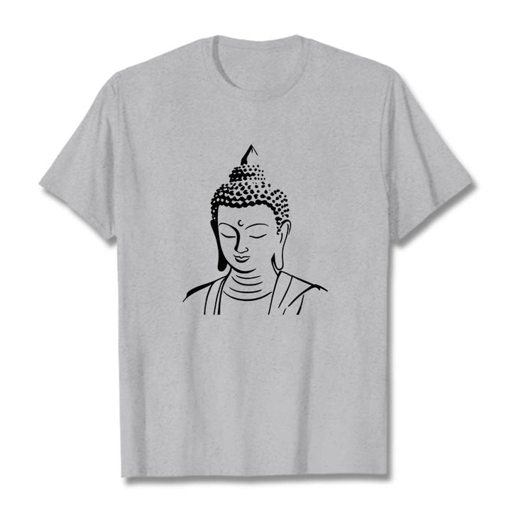 Buddha Stones Wzór Głowy Buddy Bawełniana Koszulka T-shirt - Jasnoszary - 2XL - image 15
