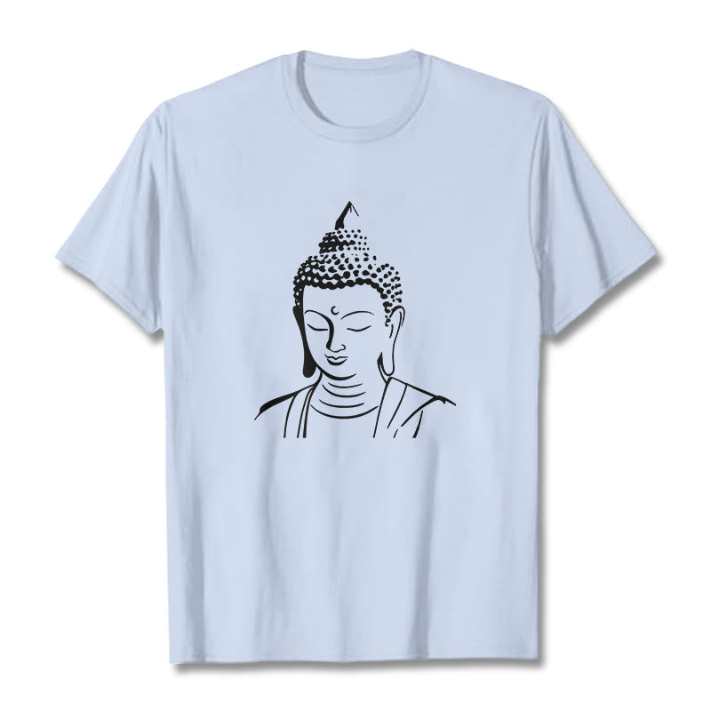 Buddha Stones Wzór Głowy Buddy Bawełniana Koszulka T-shirt - Jasnoniebieski - 2XL - image 16