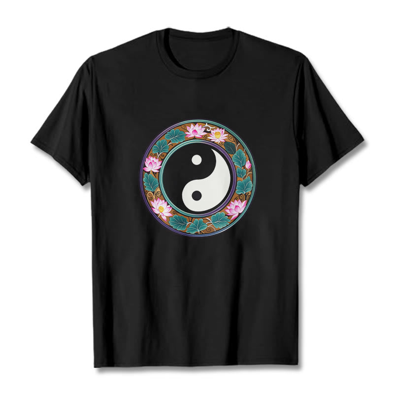 Koszulka z Buddha Stones Yin Yang Liście Lotosu Bawełniana Koszulka - Czarny - 2XL - image 4