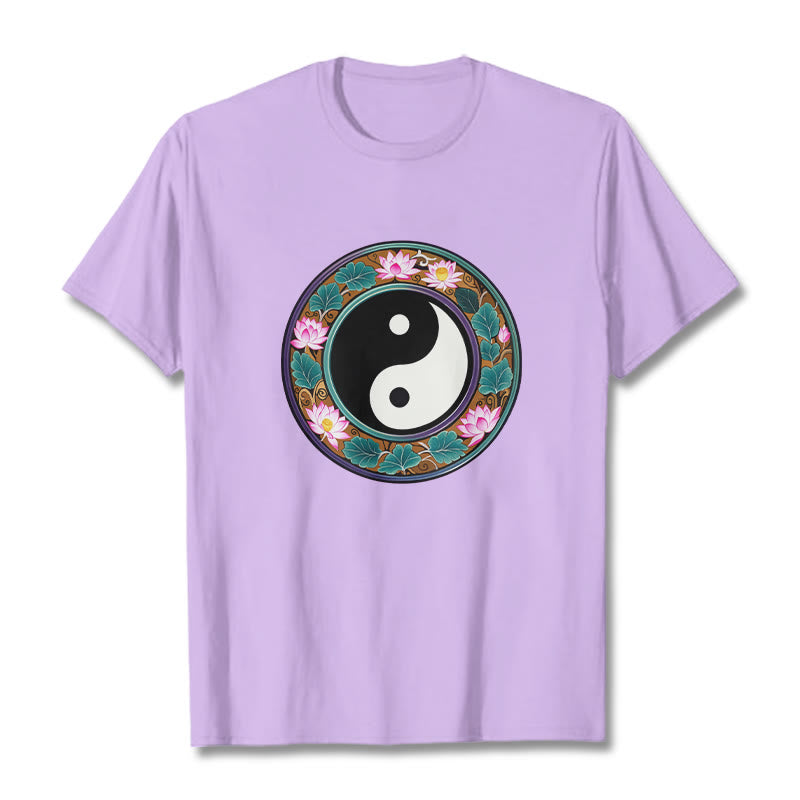 Koszulka z Buddha Stones Yin Yang Liście Lotosu Bawełniana Koszulka - Śliwka - 2XL - image 19