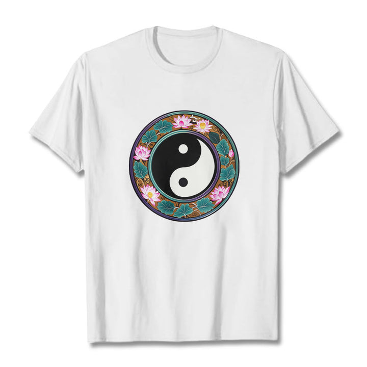 Koszulka z Buddha Stones Yin Yang Liście Lotosu Bawełniana Koszulka - Biały - 2XL - image 10