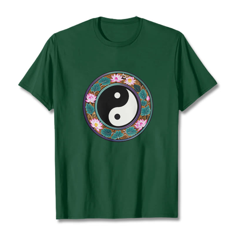 Koszulka z Buddha Stones Yin Yang Liście Lotosu Bawełniana Koszulka - ForestGreen - 2XL - image 8