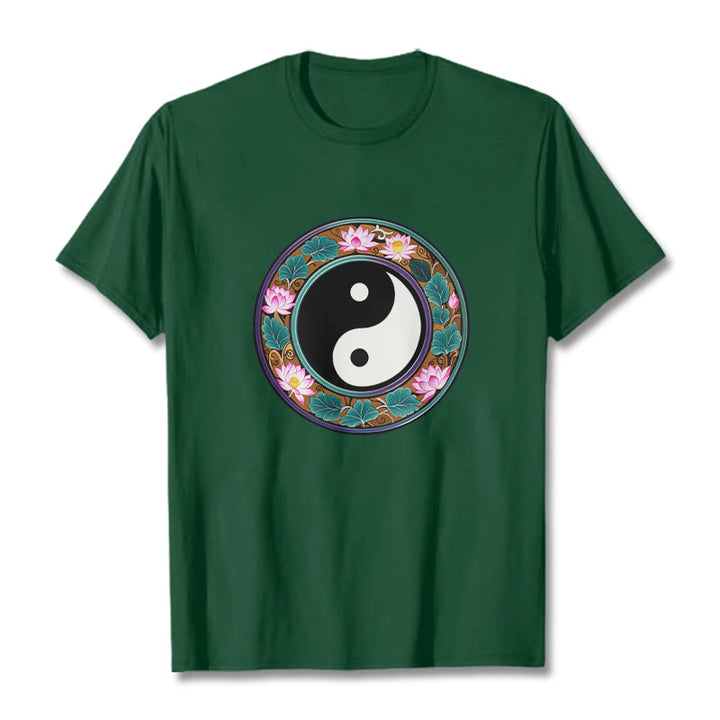 Koszulka z Buddha Stones Yin Yang Liście Lotosu Bawełniana Koszulka - ForestGreen - 2XL - image 8