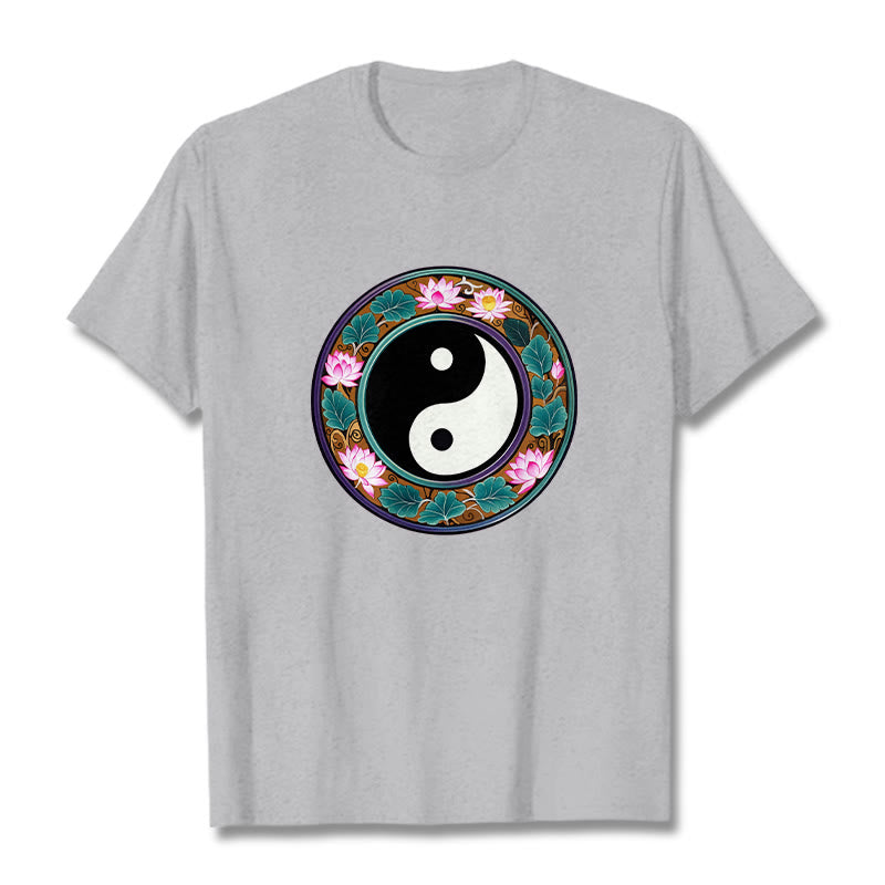 Koszulka z Buddha Stones Yin Yang Liście Lotosu Bawełniana Koszulka - Jasnoszary - 2XL - image 13