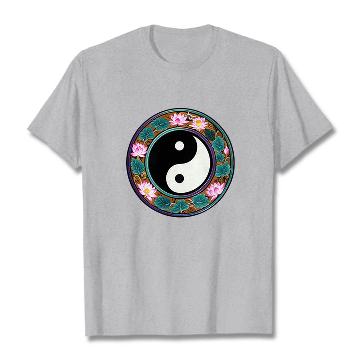 Koszulka z Buddha Stones Yin Yang Liście Lotosu Bawełniana Koszulka - Jasnoszary - 2XL - image 13