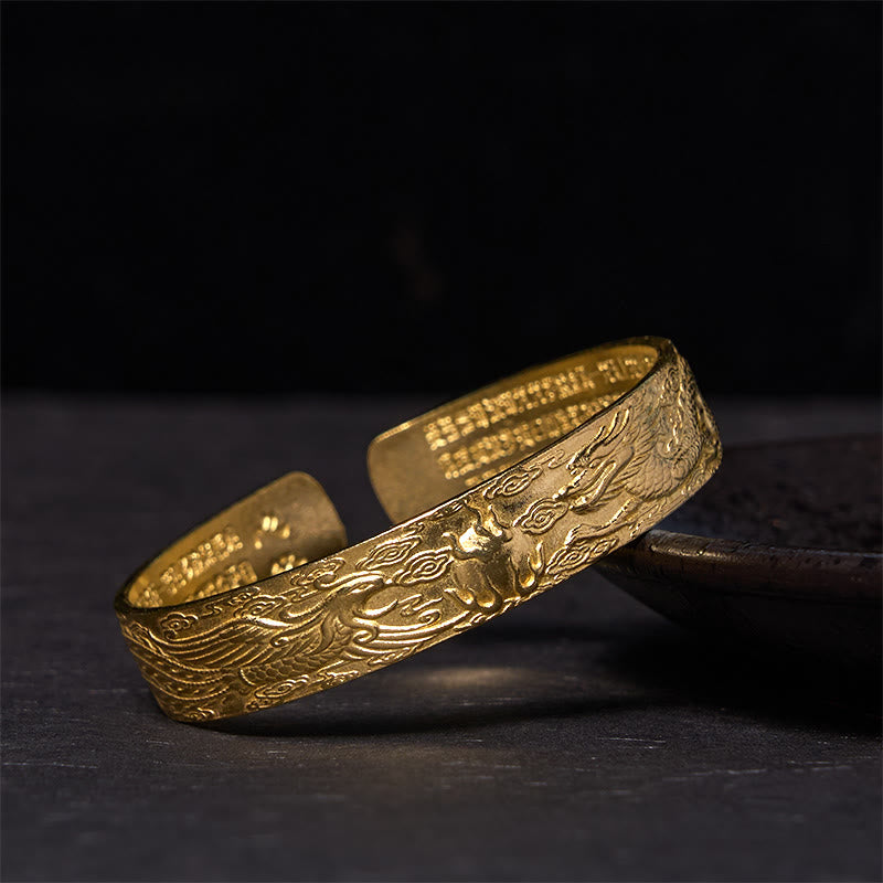 Buddha Stones Smok i Feniks bawiący się perłą Sutra Serca Rzeźbiona Miedź Mosiądz Bransoletka Szczęścia Bangle