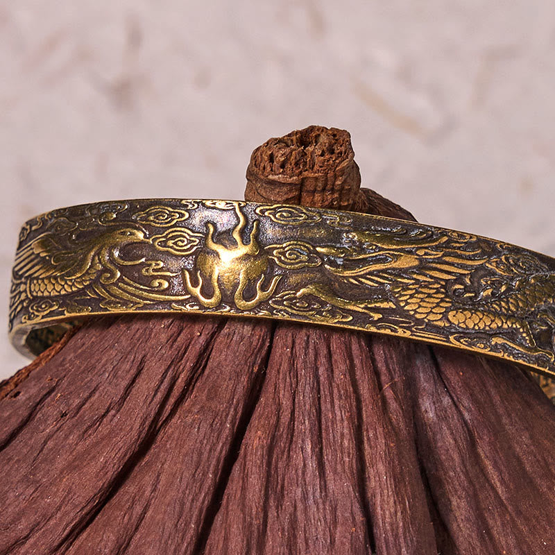 Buddha Stones Smok i Feniks bawiący się perłą Sutra Serca Rzeźbiona Miedź Mosiądz Bransoletka Szczęścia Bangle