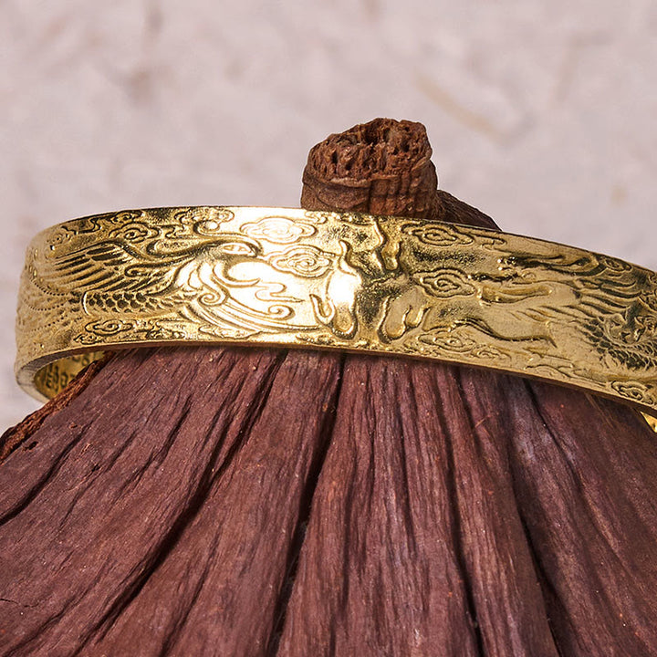 Buddha Stones Smok i Feniks bawiący się perłą Sutra Serca Rzeźbiona Miedź Mosiądz Bransoletka Szczęścia Bangle