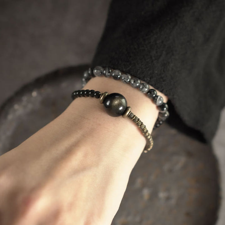 Buddha Stones Złoty połysk Obsydian Czarny rutylowy kwarc Miedź Mosiądz Podwójne owinięcie Bransoletka ochronna