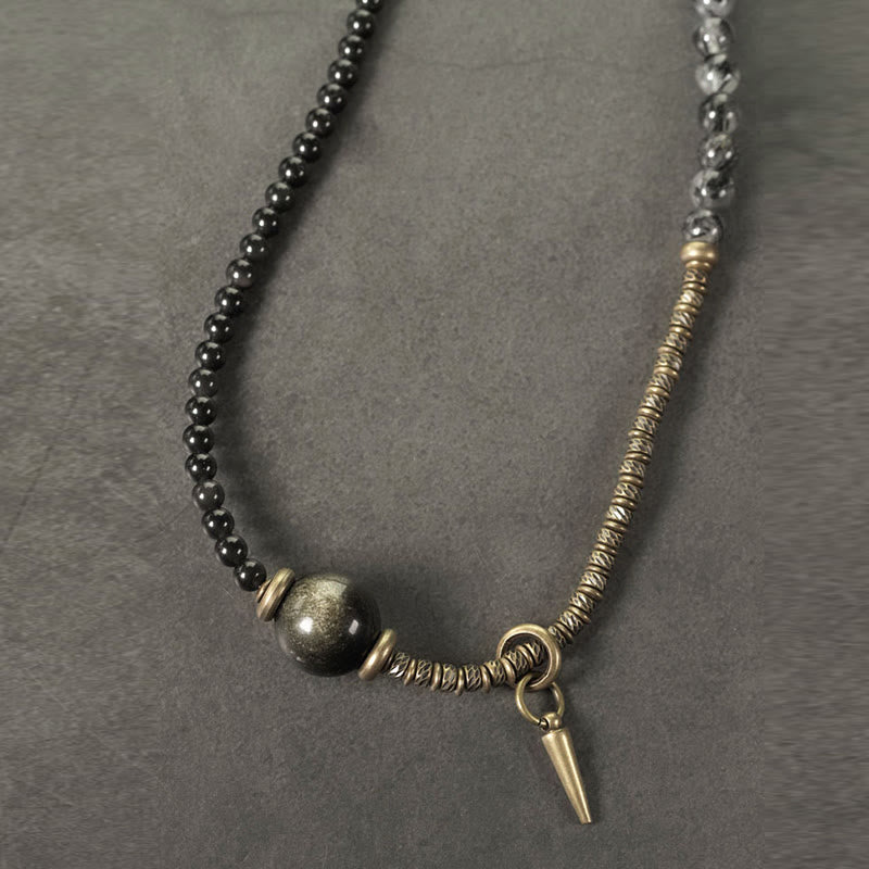 Buddha Stones Złoty połysk Obsydian Czarny rutylowy kwarc Miedź Mosiądz Podwójne owinięcie Bransoletka ochronna