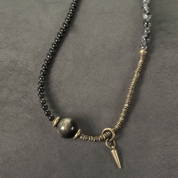 Buddha Stones Złoty połysk Obsydian Czarny rutylowy kwarc Miedź Mosiądz Podwójne owinięcie Bransoletka ochronna