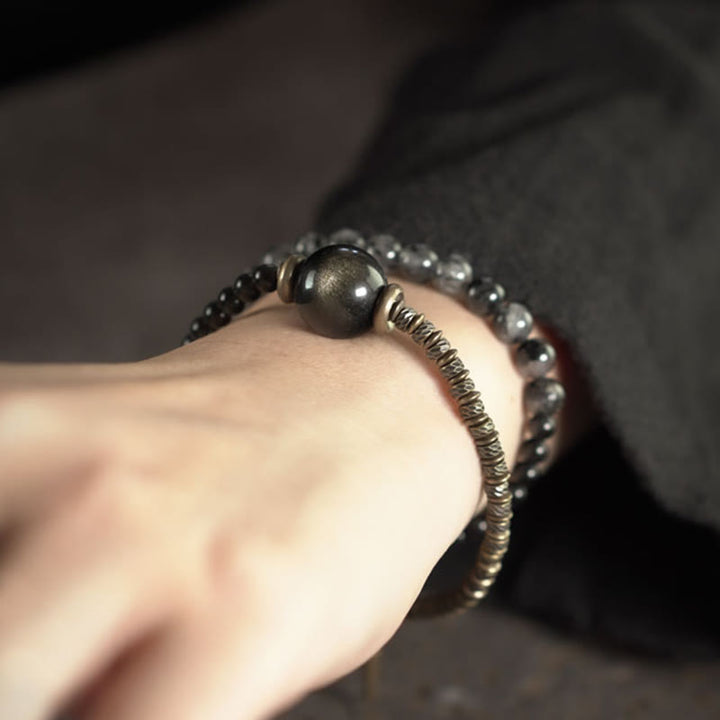 Buddha Stones Złoty połysk Obsydian Czarny rutylowy kwarc Miedź Mosiądz Podwójne owinięcie Bransoletka ochronna