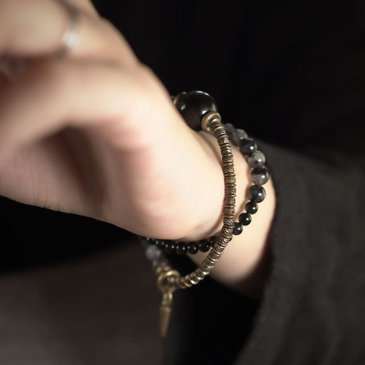 Buddha Stones Złoty połysk Obsydian Czarny rutylowy kwarc Miedź Mosiądz Podwójne owinięcie Bransoletka ochronna