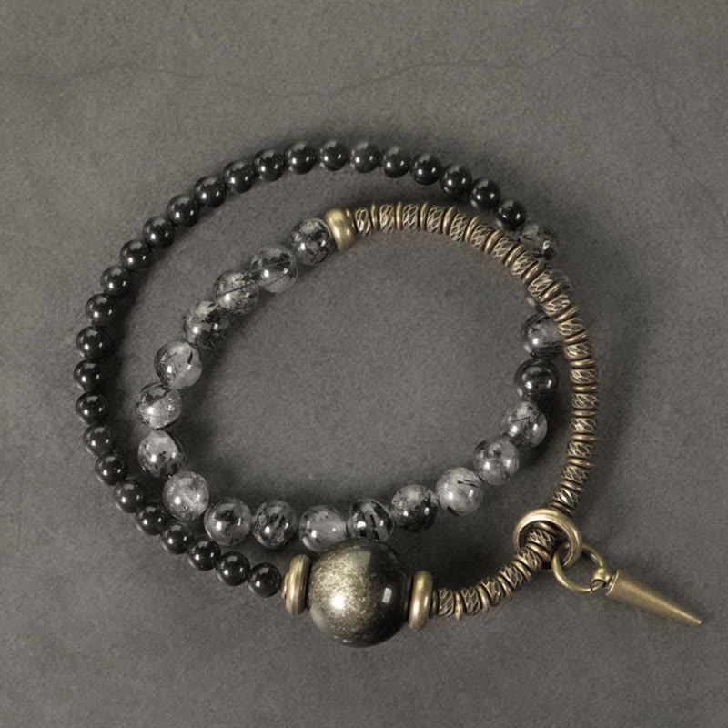 Buddha Stones Złoty połysk Obsydian Czarny rutylowy kwarc Miedź Mosiądz Podwójne owinięcie Bransoletka ochronna