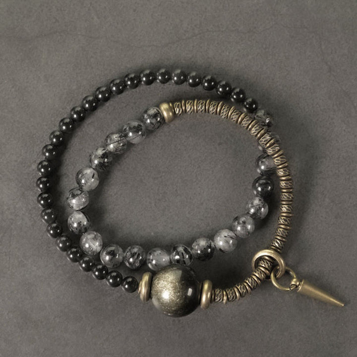 Buddha Stones Złoty połysk Obsydian Czarny rutylowy kwarc Miedź Mosiądz Podwójne owinięcie Bransoletka ochronna