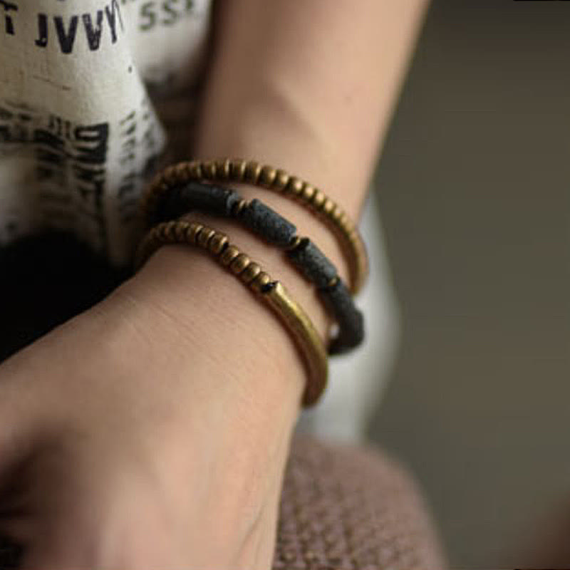 Buddha Stones Vintage Lava Rock Miedź Mosiądz Wieloobrotowa Bransoletka Spokojna