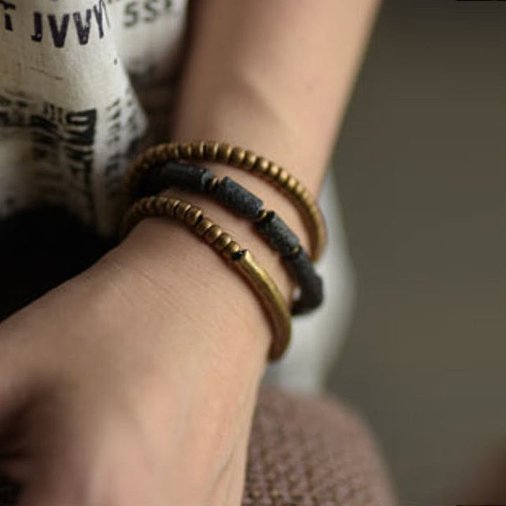 Buddha Stones Vintage Lava Rock Miedź Mosiądz Wieloobrotowa Bransoletka Spokojna