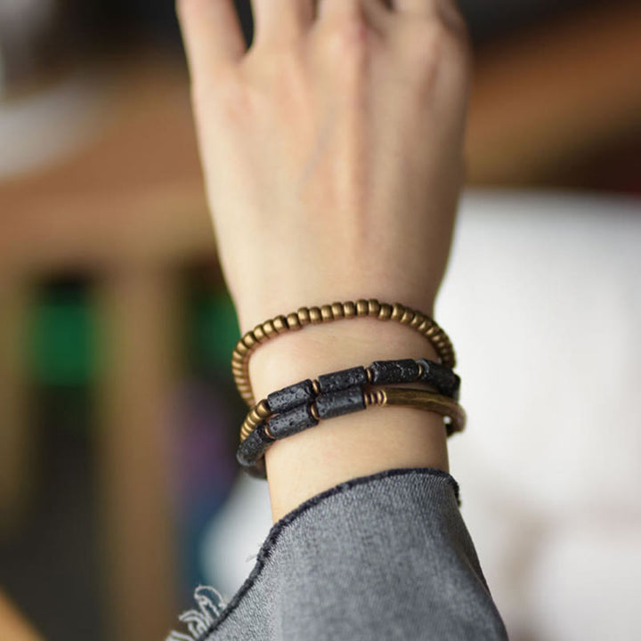 Buddha Stones Vintage Lava Rock Miedź Mosiądz Wieloobrotowa Bransoletka Spokojna