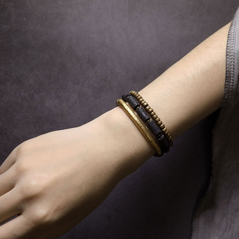 Buddha Stones Vintage Lava Rock Miedź Mosiądz Wieloobrotowa Bransoletka Spokojna