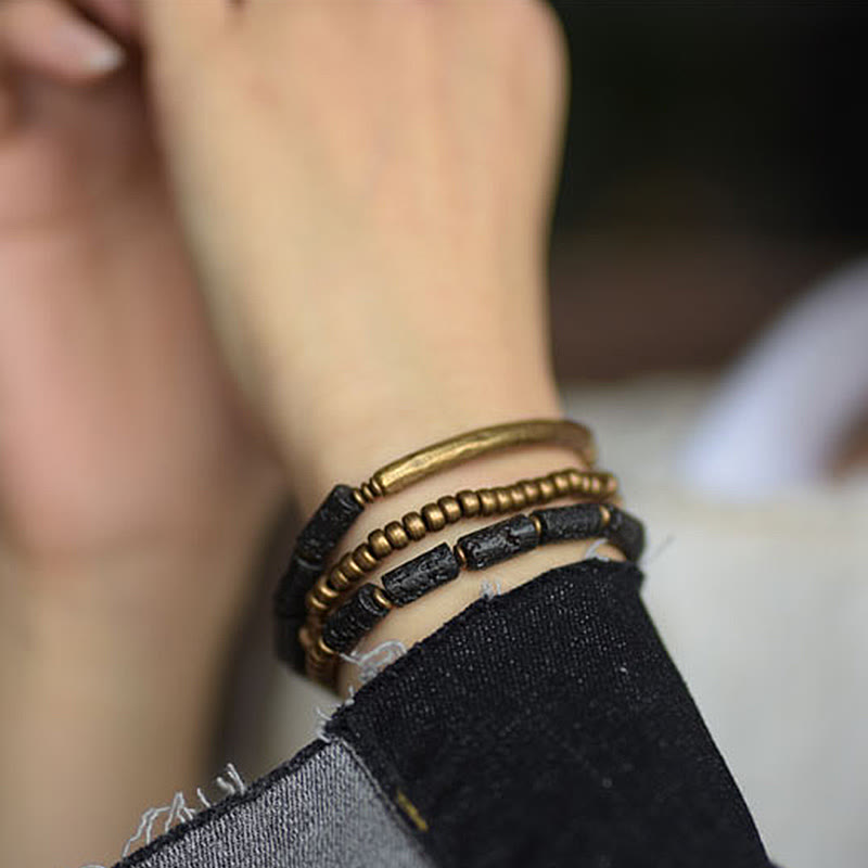 Buddha Stones Vintage Lava Rock Miedź Mosiądz Wieloobrotowa Bransoletka Spokojna