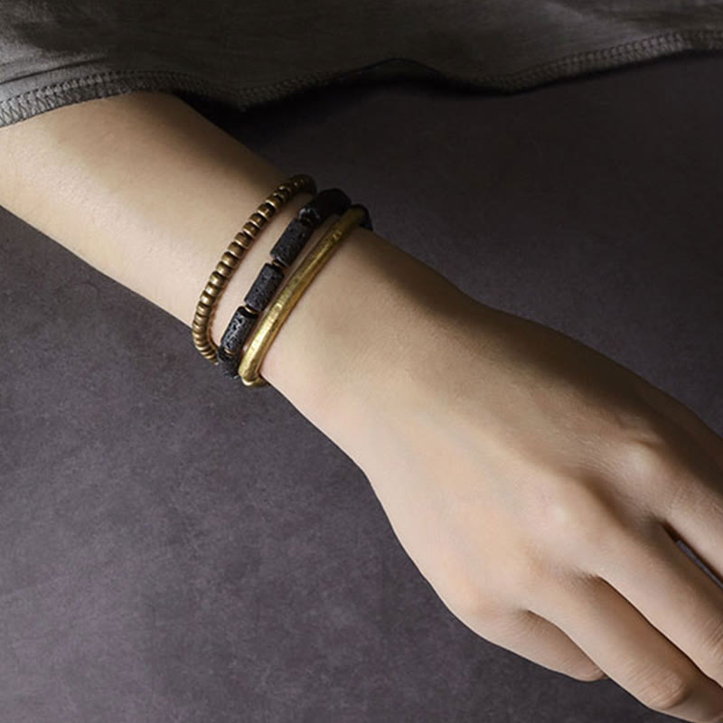 Buddha Stones Vintage Lava Rock Miedź Mosiądz Wieloobrotowa Bransoletka Spokojna