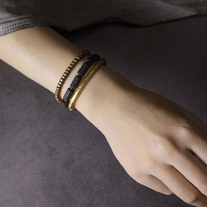 Buddha Stones Vintage Lava Rock Miedź Mosiądz Wieloobrotowa Bransoletka Spokojna