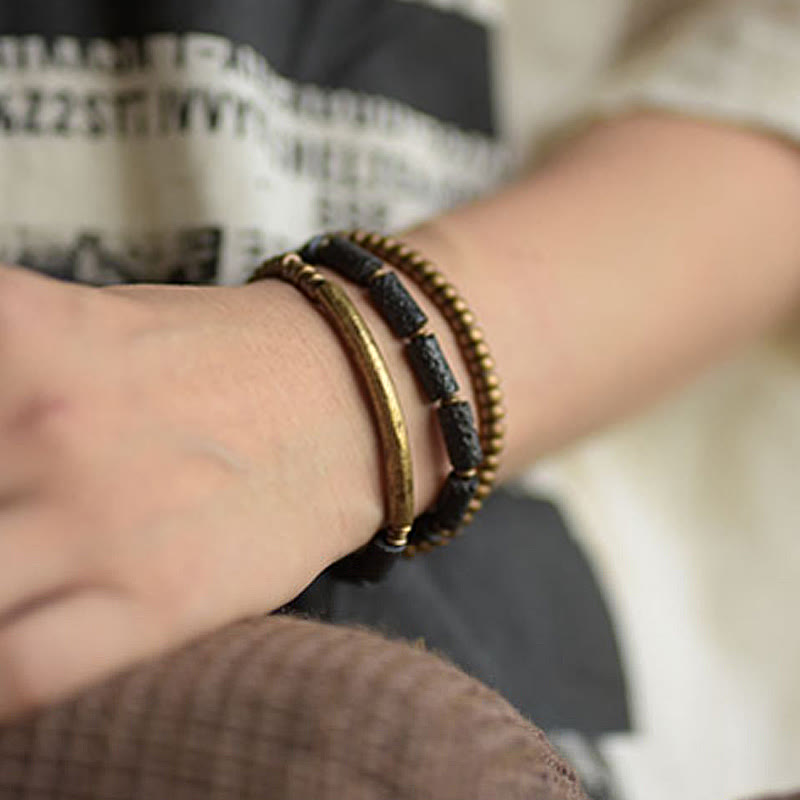 Buddha Stones Vintage Lava Rock Miedź Mosiądz Wieloobrotowa Bransoletka Spokojna