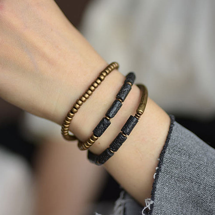 Buddha Stones Vintage Lava Rock Miedź Mosiądz Wieloobrotowa Bransoletka Spokojna