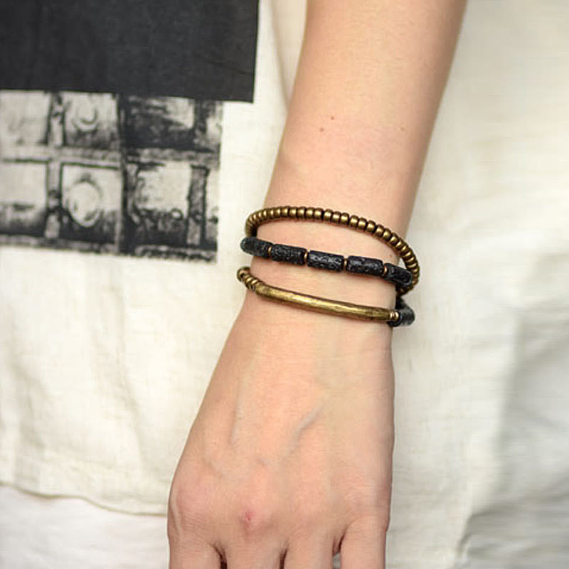 Buddha Stones Vintage Lava Rock Miedź Mosiądz Wieloobrotowa Bransoletka Spokojna