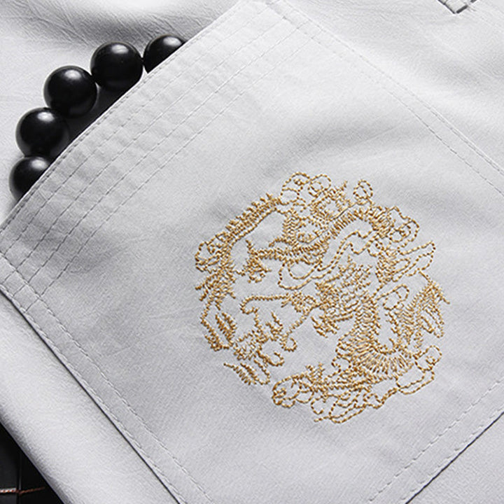 Buddha Stones Chiński Nowy Rok Haft Smok Żaba-guzik Strój Tang Hanfu Tradycyjny Mundur Długi Rękaw Top Spodnie Odzież Męski Zestaw