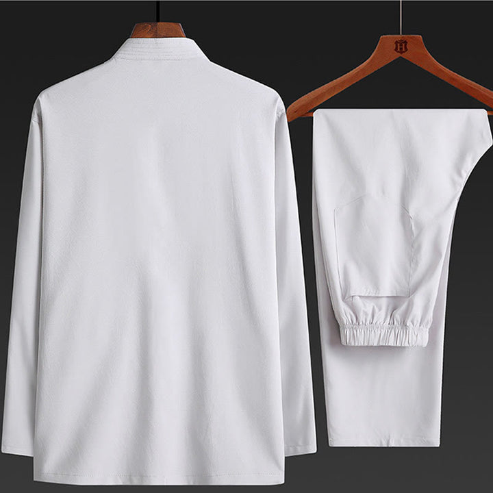 Buddha Stones Chiński Nowy Rok Haft Smok Żaba-guzik Strój Tang Hanfu Tradycyjny Mundur Długi Rękaw Top Spodnie Odzież Męski Zestaw