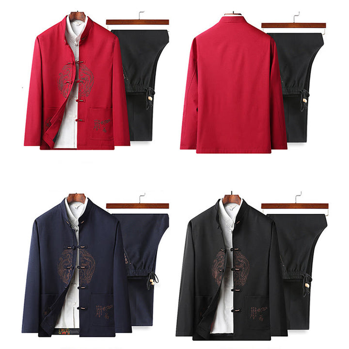 Buddha Stones Chiński Nowy Rok Haftowany Strój Tang Hanfu Tradycyjny Mundur Długi Rękaw Spodnie Odzież Męski Zestaw