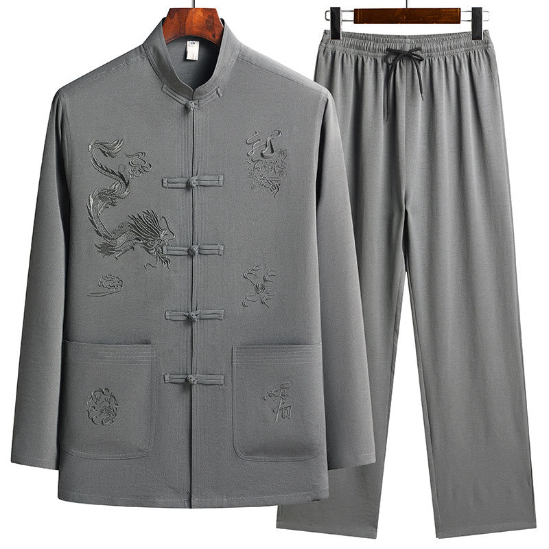 Buddha Stones Chiński Nowy Rok Haft Smok Żaba-guzik Tang Suit Hanfu Długi Rękaw Top Spodnie Odzież Męski Zestaw - DarkSeaGreen - US/UK/AU44, EU54 (4XL) - image 15