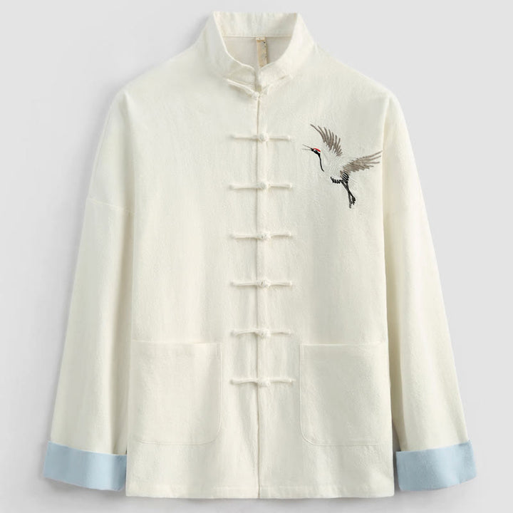 Buddha Stones Chiński Nowy Rok Żuraw Haft Tang Garnitur Hanfu Długi Rękaw Spodnie Odzież Bawełna Len Męski Zestaw Z Kieszeniami