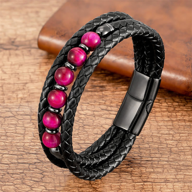 Buddha Stones Tygrysie Oko Lawa Skała Hematyt Czarny Onyks Koralik Pozytywna Bransoletka Skórzana - Róża Czerwone Tygrysie Oko - 18-22 cm - image 4