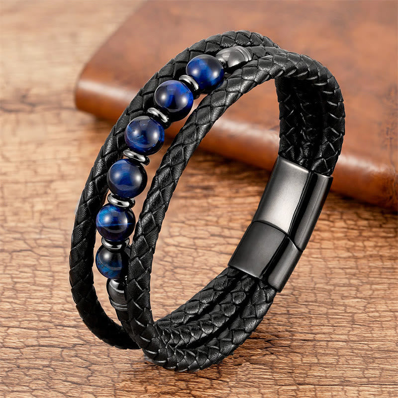 Buddha Stones Tygrysie Oko Lawa Skała Hematyt Czarny Onyks Koralik Pozytywna Bransoletka Skórzana - Niebieskie tygrysie oko - 18-22 cm - image 7