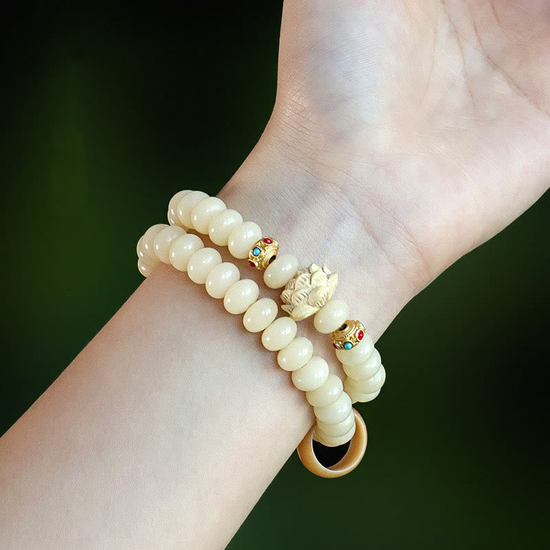 Bransoletka Buddha Stones Bodhi Seed Peach Wood Lotus Wealth Double Wrap