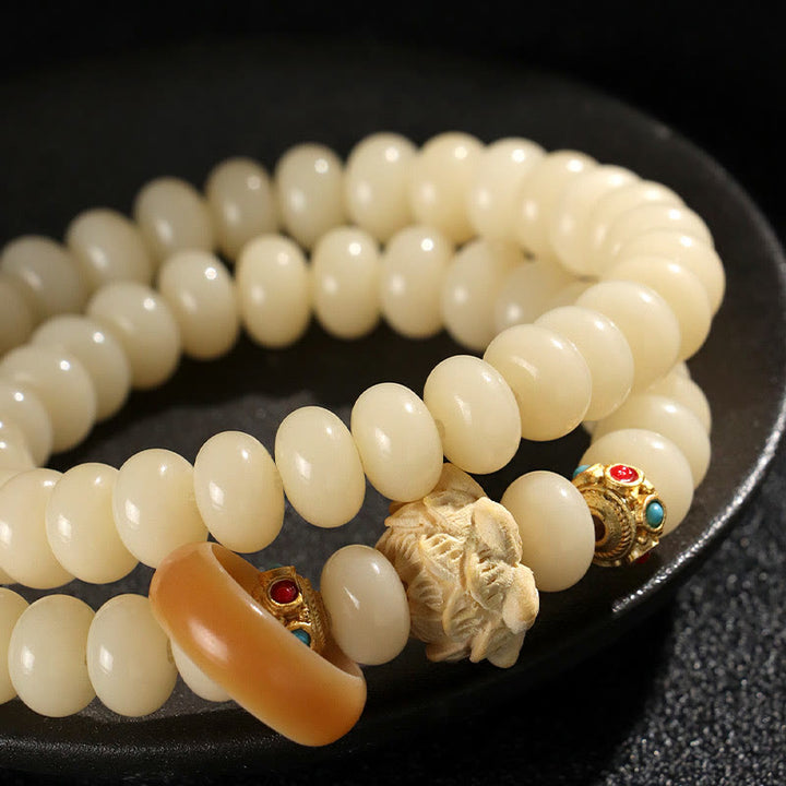 Bransoletka Buddha Stones Bodhi Seed Peach Wood Lotus Wealth Double Wrap