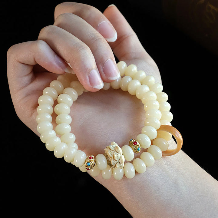Bransoletka Buddha Stones Bodhi Seed Peach Wood Lotus Wealth Double Wrap