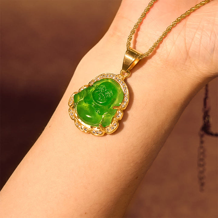 Buddha Stones 18K wypełnione złotem Śmiejący się Budda Jadeitowy naszyjnik szczęścia łańcuszek wisiorek - image 6