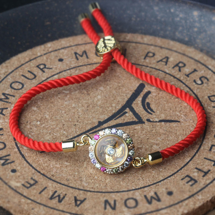 Buddha Stones Mosiądz Kolor Obrotowy Wiatrak Feng Sheng Shui Qi Fu Czerwony Sznurek Wiara Pleciona Bransoletka