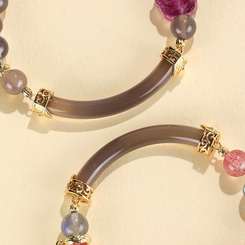 Buddha Stones Kwarc truskawkowy Labradorite Fluoryt Perła Mankiet Pół Bransoletka Bangle