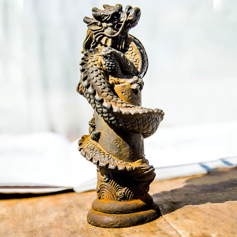 Buddha Stones Ręcznie Latający Smok Wokół Filary Żelazo Proszek Rdza Odlew Żywicy Statua Dekoracja Domu