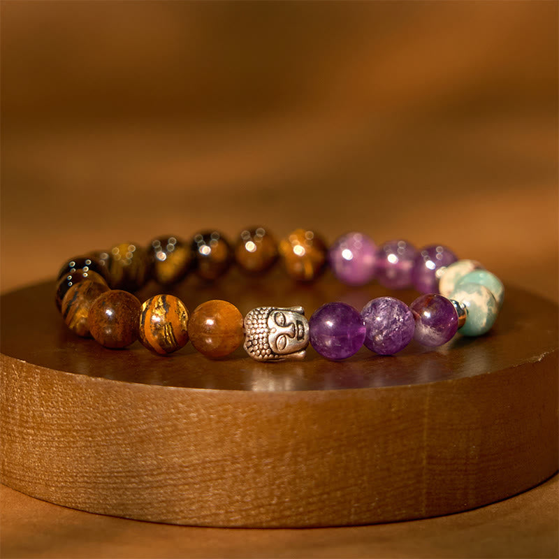 Buddha Stones Naturalny Czarny Onyks Biały Kamień Zielony Awenturyn Tygrysie Oko Agat Mieszany Kolor Bransoletka Ochronna Głowy Buddy