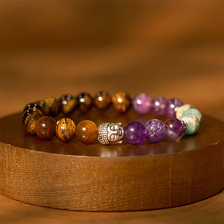 Buddha Stones Naturalny Czarny Onyks Biały Kamień Zielony Awenturyn Tygrysie Oko Agat Mieszany Kolor Bransoletka Ochronna Głowy Buddy